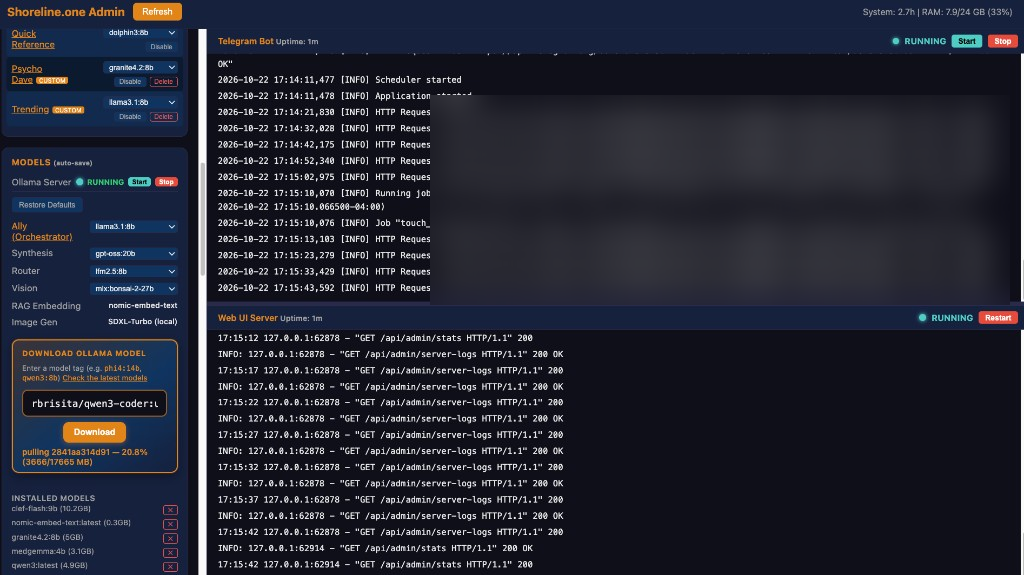 Shoreline Vantage admin: expert roster, local models, and server controls