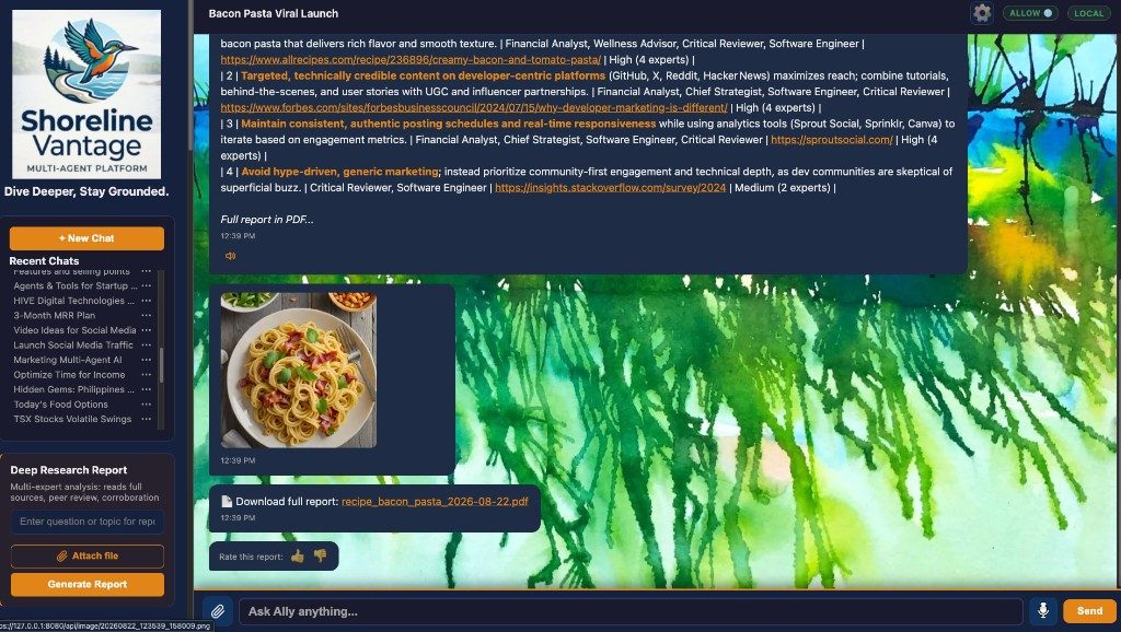 Shoreline Vantage web chat with a multi-expert research report and a generated image